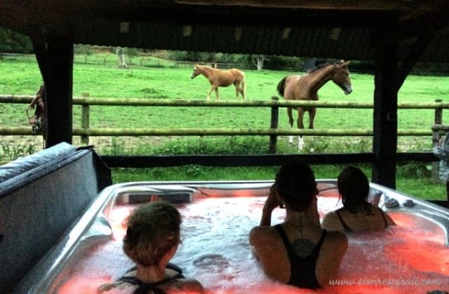 séance jacuzzi en regardant les chevaux en pâture